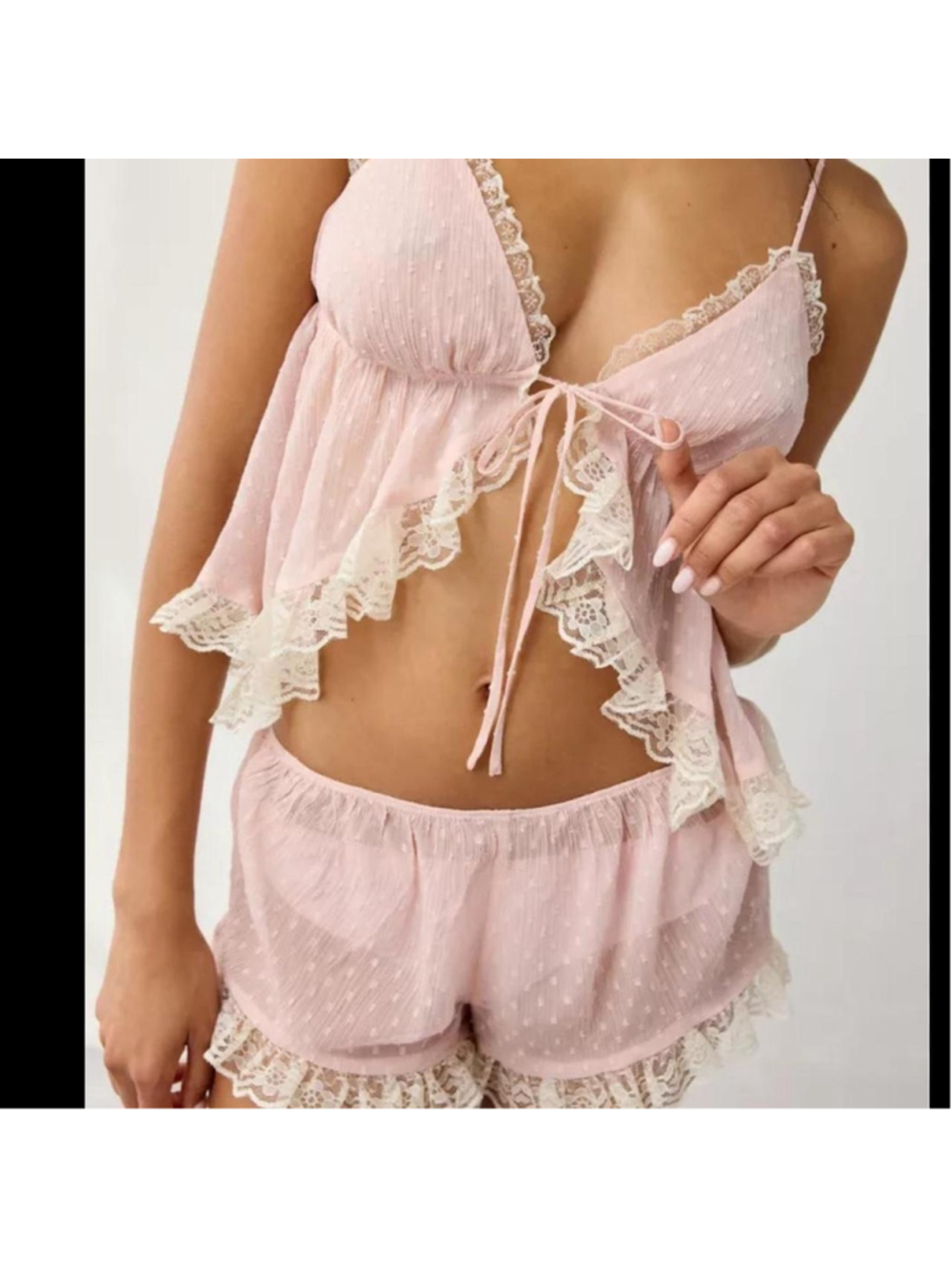 Pink lace lingerie set with adjustable straps and tie front #lingerie #intimates